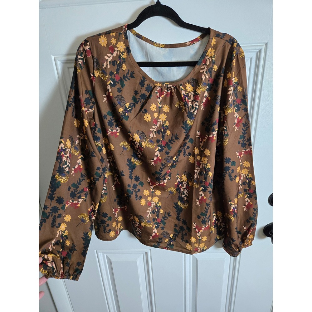 Women Brown Floral Long Sleeve Blouse Scoop Neck Wildflower Print Boho XXL